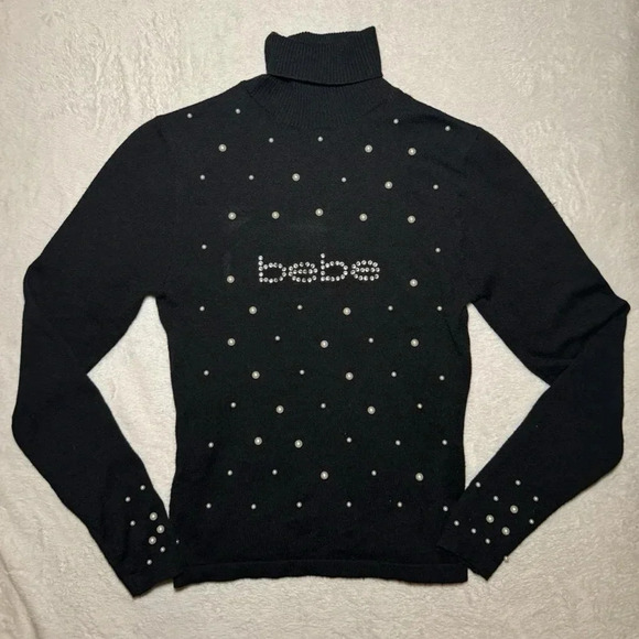 bebe Sweaters - Y2K 2000s bebe Black Turtleneck Sweater with Pearls and Bling Rhinestones